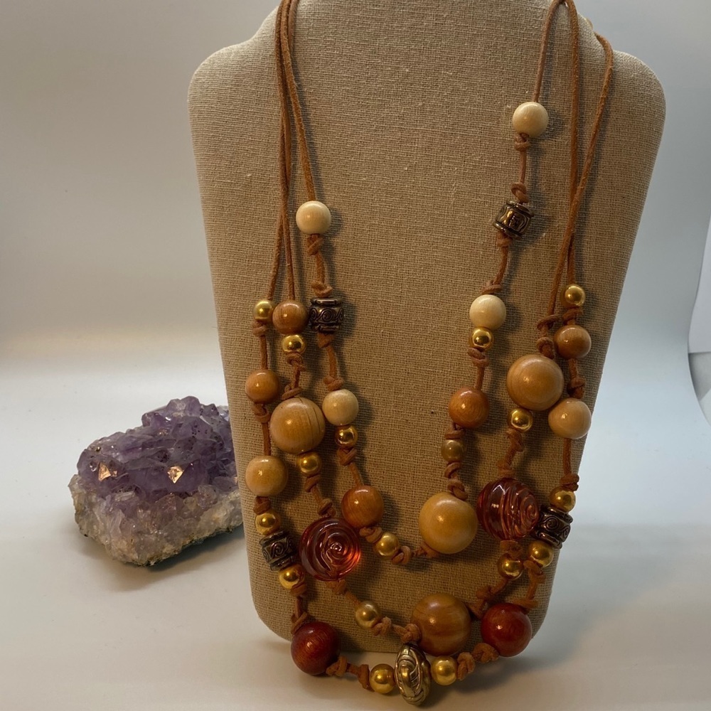 3 Strand Layered Necklace: Cord with Wood Beads